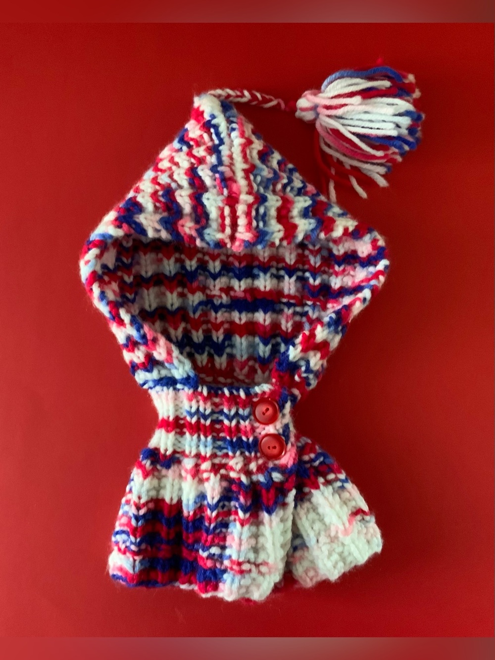 Kids Multicolor Knitted Hooded Scarf/Hat with Pom Pom - Red, Blue & White